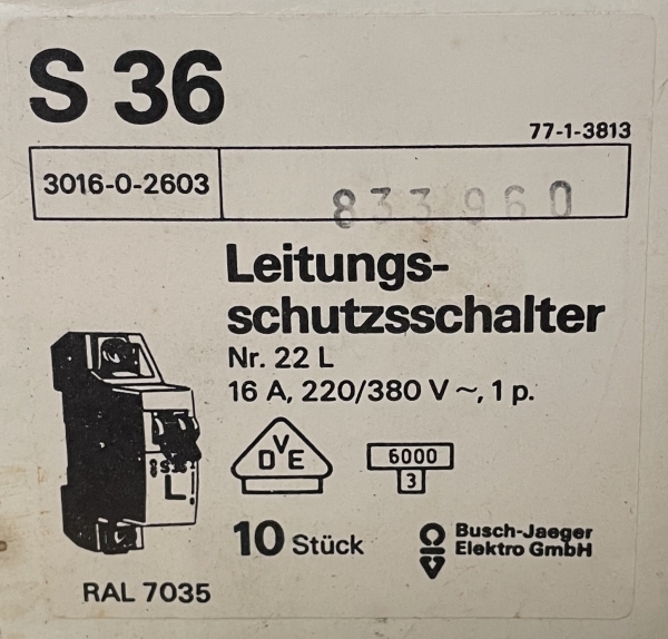 Sicherungsautomat LS-Schalter Busch Jaeger S36 16A 1pol
